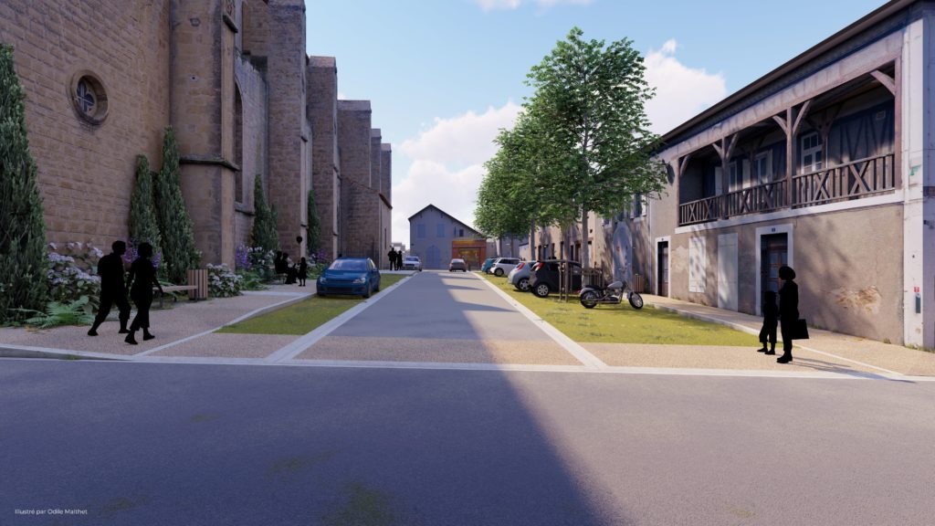 Modélisation 3D d'un projet de place / rue dans une commune du Gers - France.